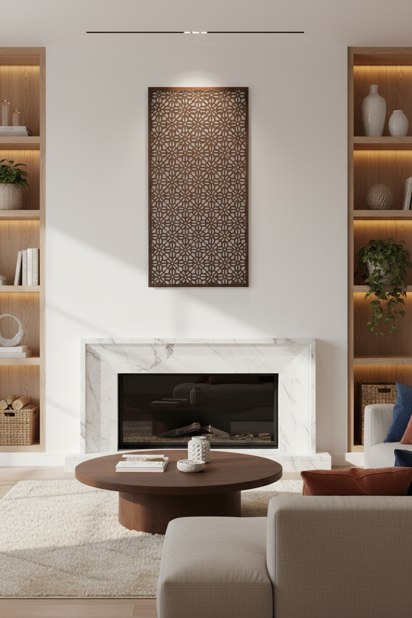 Celosía Bahar como cuadro decorativo sobre chimenea de mármol en salón mediterráneo acabado caoba