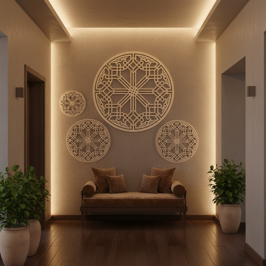 Composición mural con tres Celosías Nūr de distintos tamaños en pasillo de hotel boutique