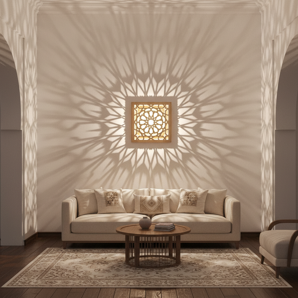 Aplique Qamar encendido proyectando sombras del patrón Alhambra en pared de salón andalusí