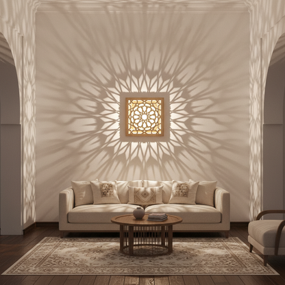 Aplique Qamar encendido proyectando sombras del patrón Alhambra en pared de salón andalusí