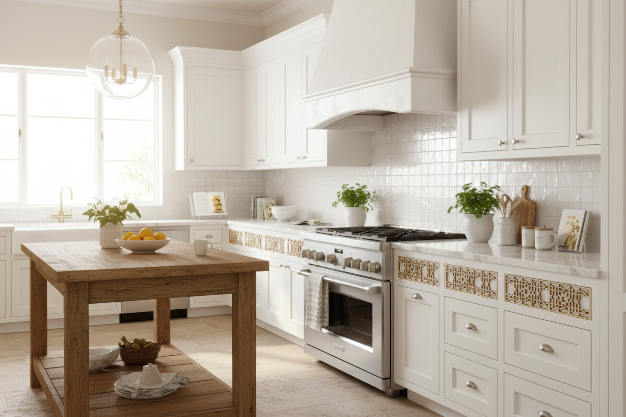 Celosía TIH como friso decorativo sobre armarios de cocina mediterránea