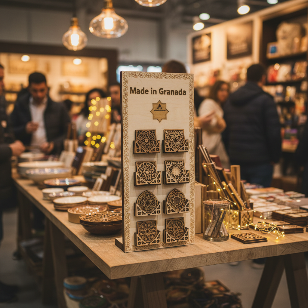Expositor artesanal posavasos diseños Alhambra madera natural en tienda