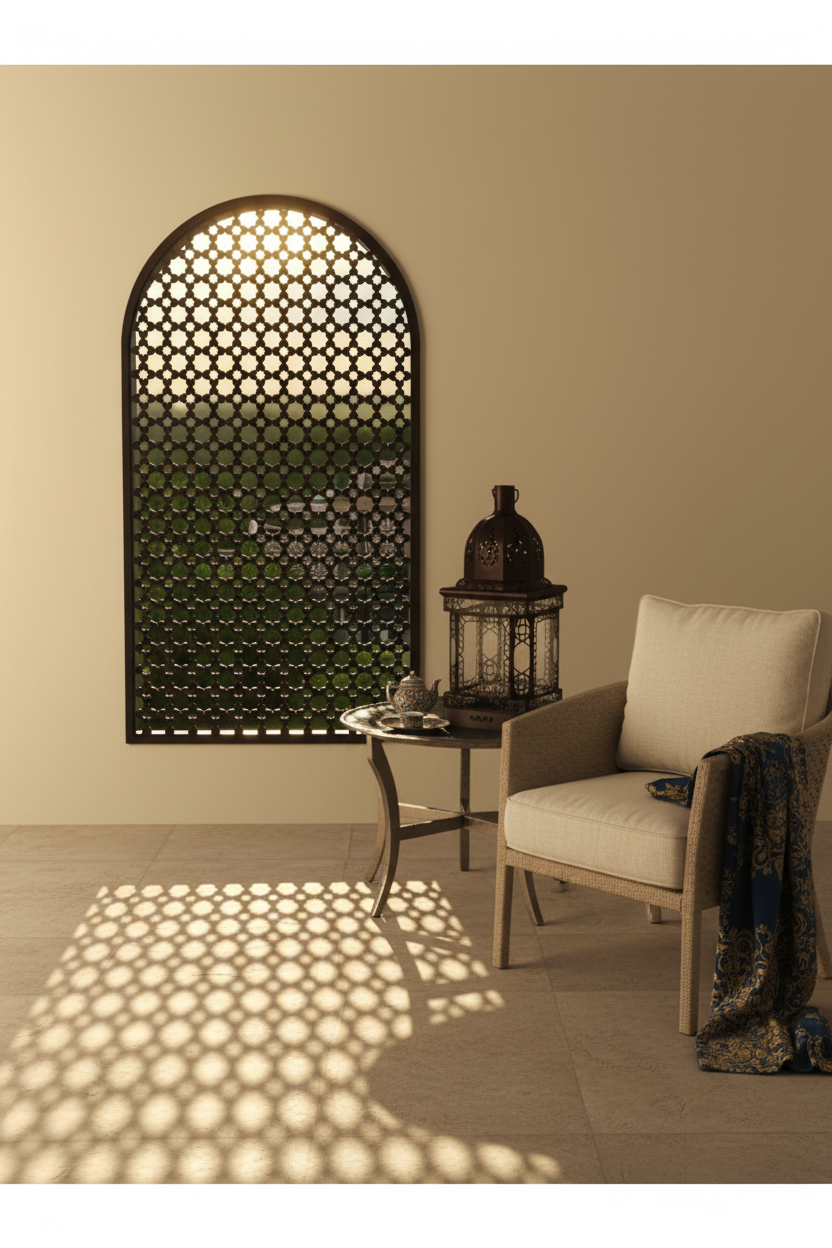 Celosía Tāqa instalada en terraza exterior de riad andalusí con luz de atardecer filtrándose