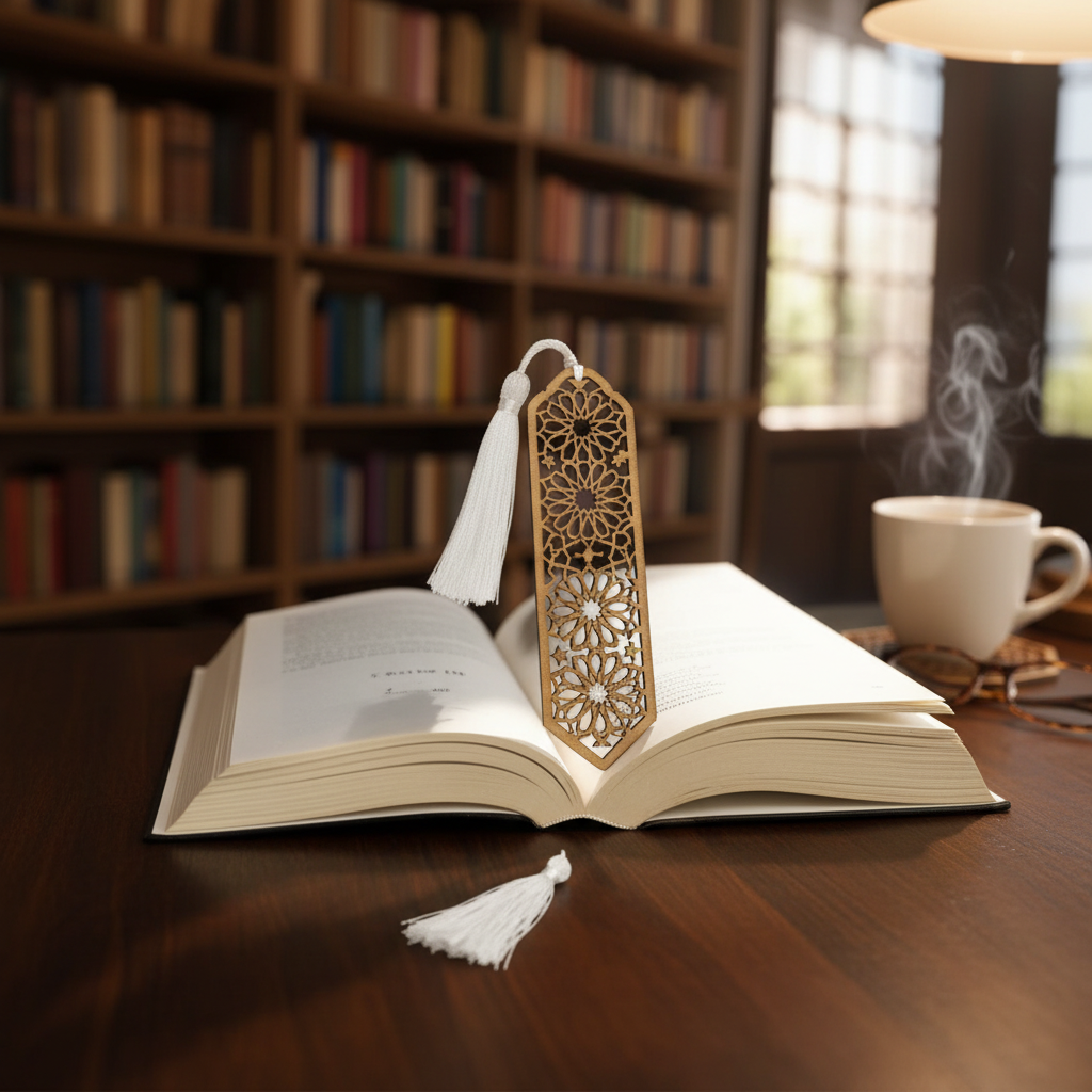 Marcapáginas andalusí madera diseño árabe en libro abierto