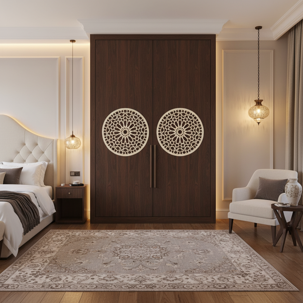 Celosía Dawwāra aplicada como elemento decorativo en puerta de armario de dormitorio