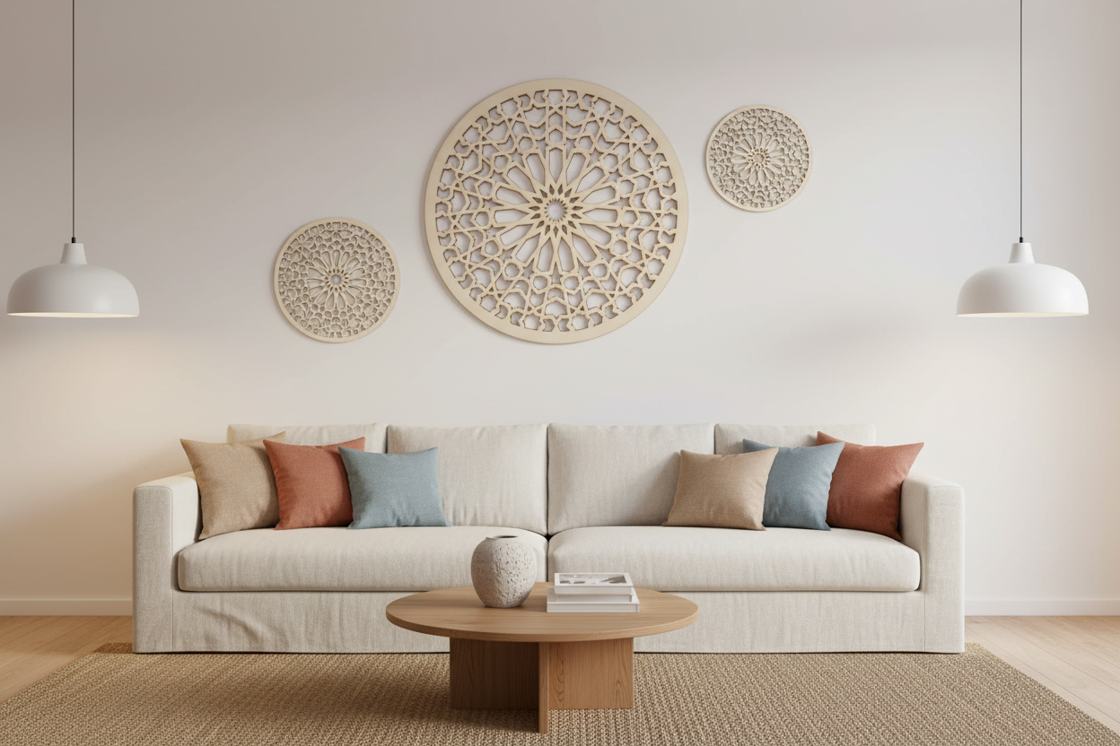 Composición de tres medallones Badr en galería de pared salón mediterráneo