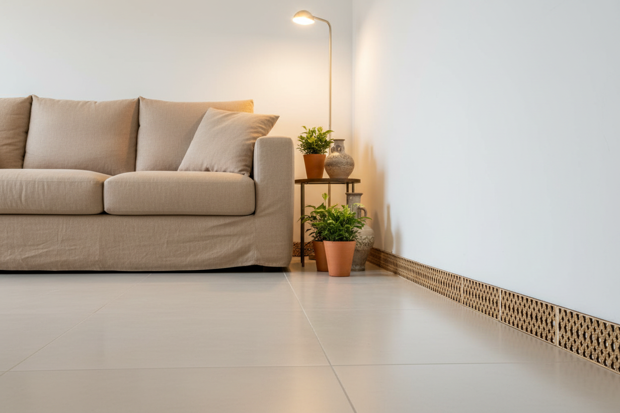 Celosía Waraq como zócalo en salón mediterráneo premium