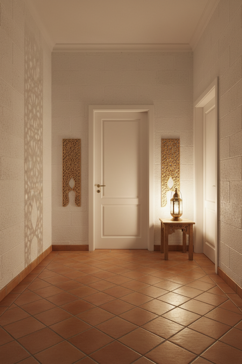 Dos paneles Mihrab flanqueando una puerta blanca en recibidor andaluz de lujo