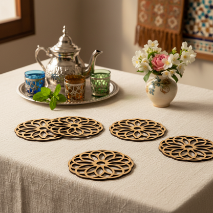 Set de cuatro Celosías Warda como posavasos con servicio de té marroquí sobre mantel de lino