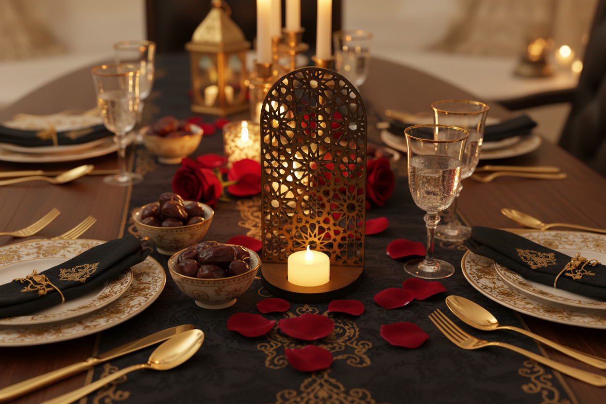 Celosía Mishkāt como centro de mesa en cena de Ramadán con dátiles y vajilla dorada
