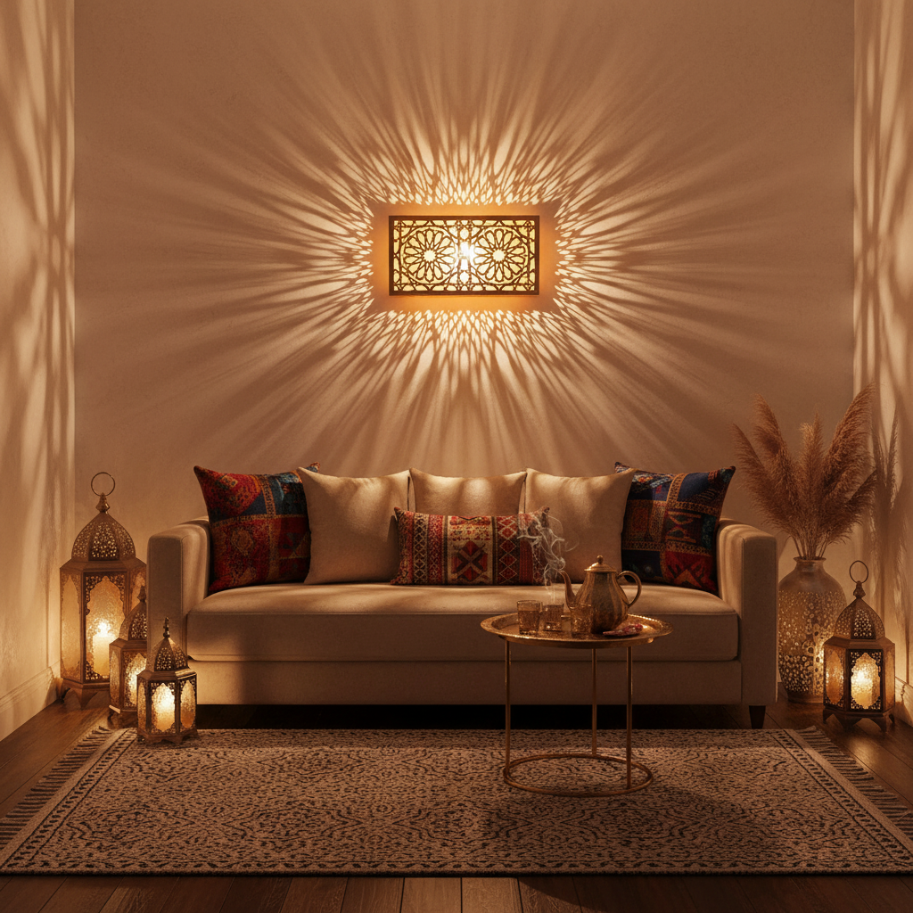 Aplique pared árabe Colección Nazarí madera metacrilato Alhambra iluminando salón marroquí