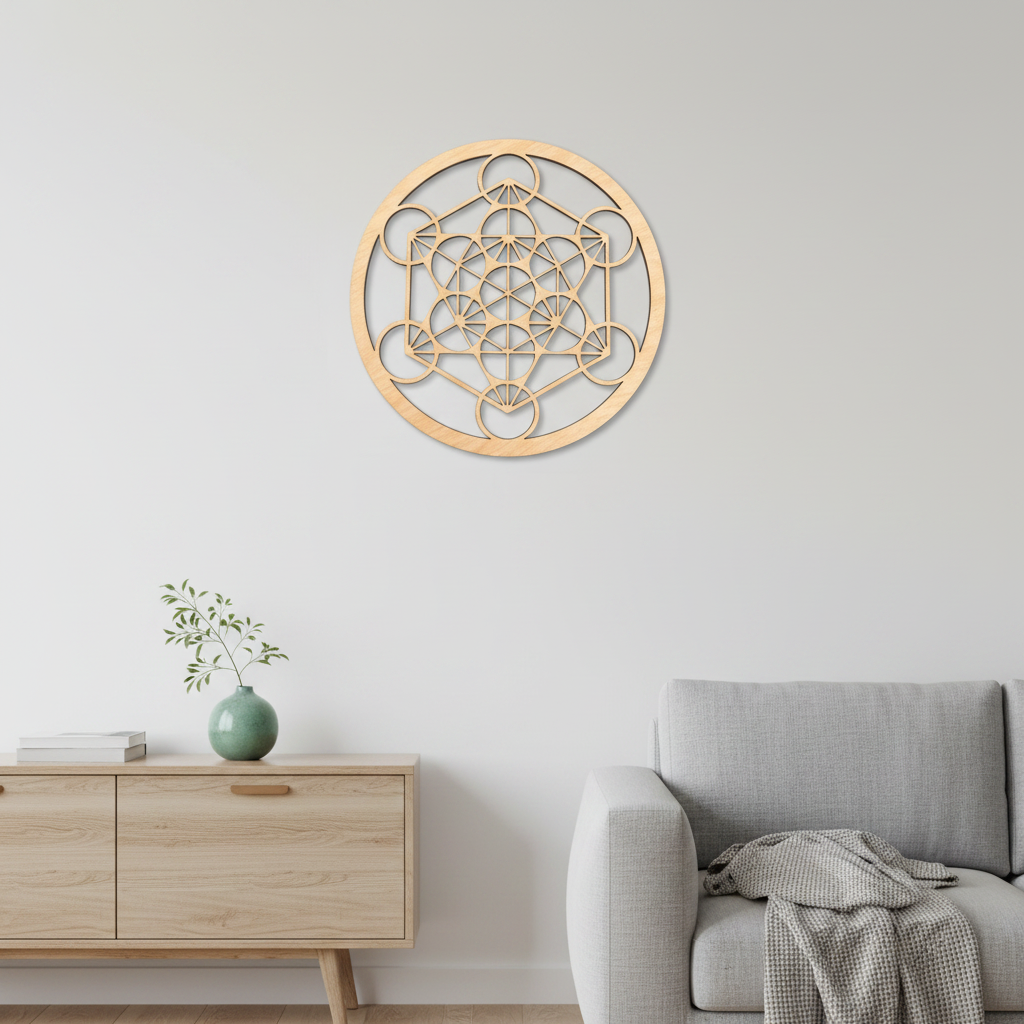 Cuadro decorativo Metatrón geometría sagrada madera corte láser en pared blanca