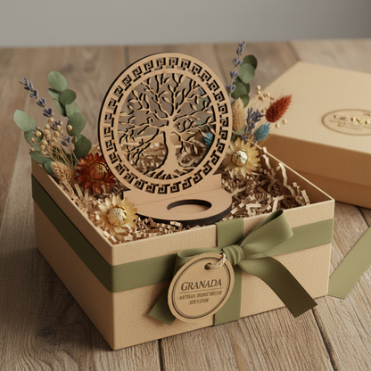 Portavelas Shajara presentado como regalo artesanal en caja kraft con flores secas