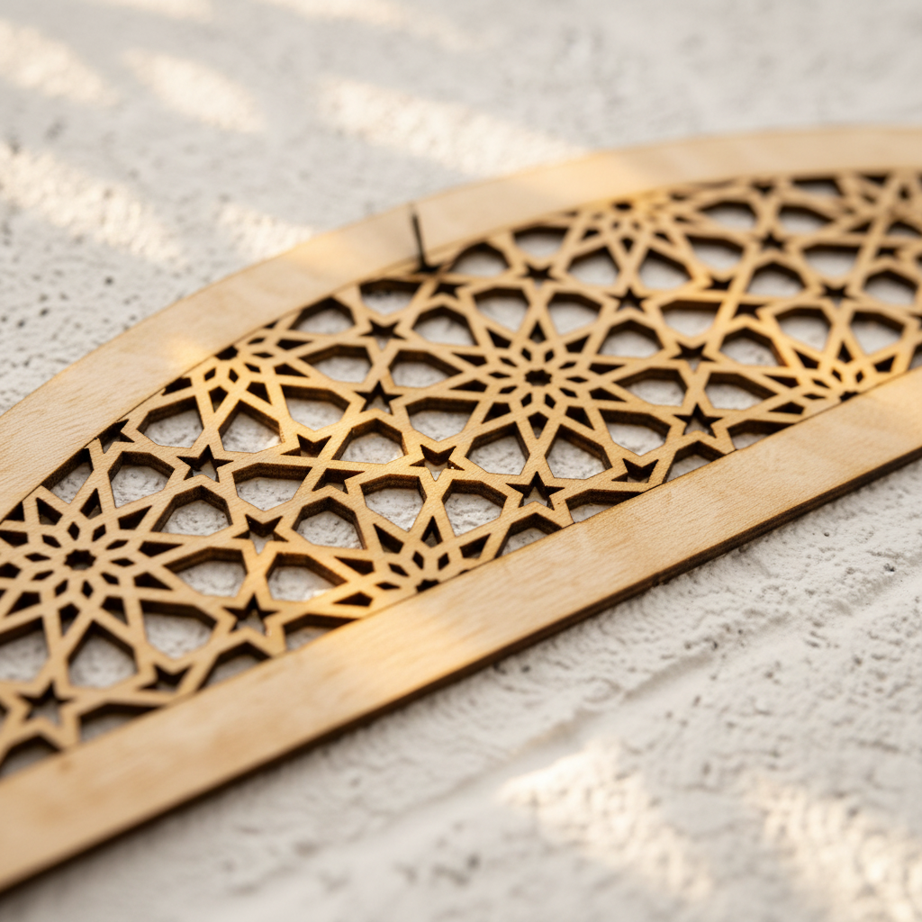 Detalle del patrón de estrellas geométricas de la Celosía Qubba en madera