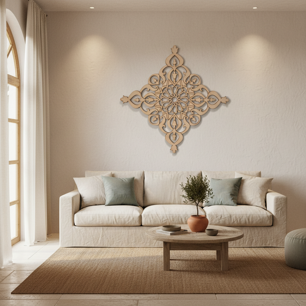 Celosía Rawda como cuadro decorativo sobre sofá de lino en salón mediterráneo
