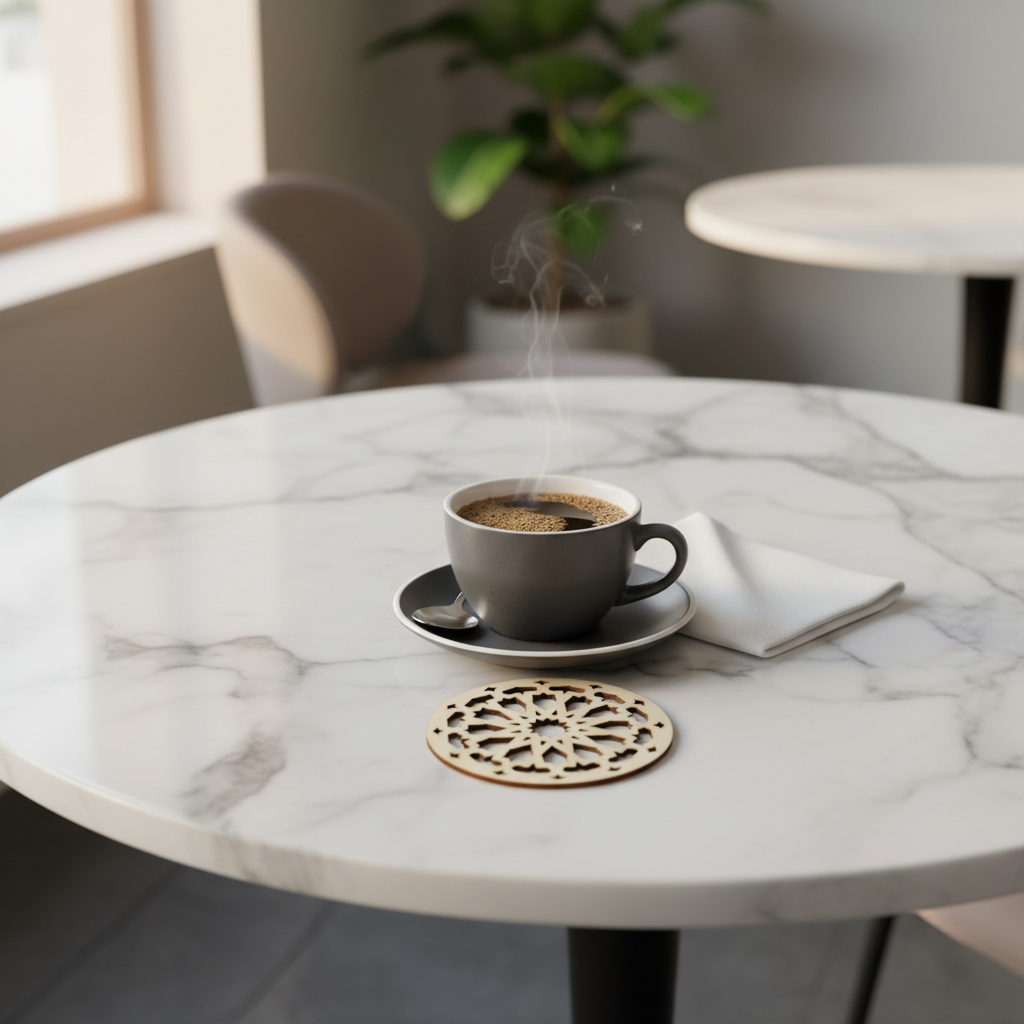 Celosía Tāj como posavasos bajo taza de café en mesa de mármol premium