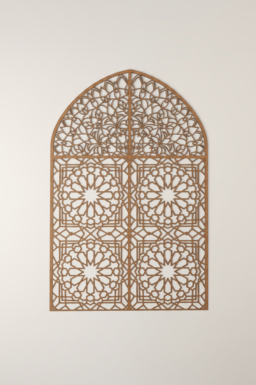 Celosía Bawwaba 100x60 cm sola sobre fondo blanco mostrando arco de herradura nazarí con mandala floral en cúpula y estrellas de 12 puntas en cuerpo, acabado nogal dorado
