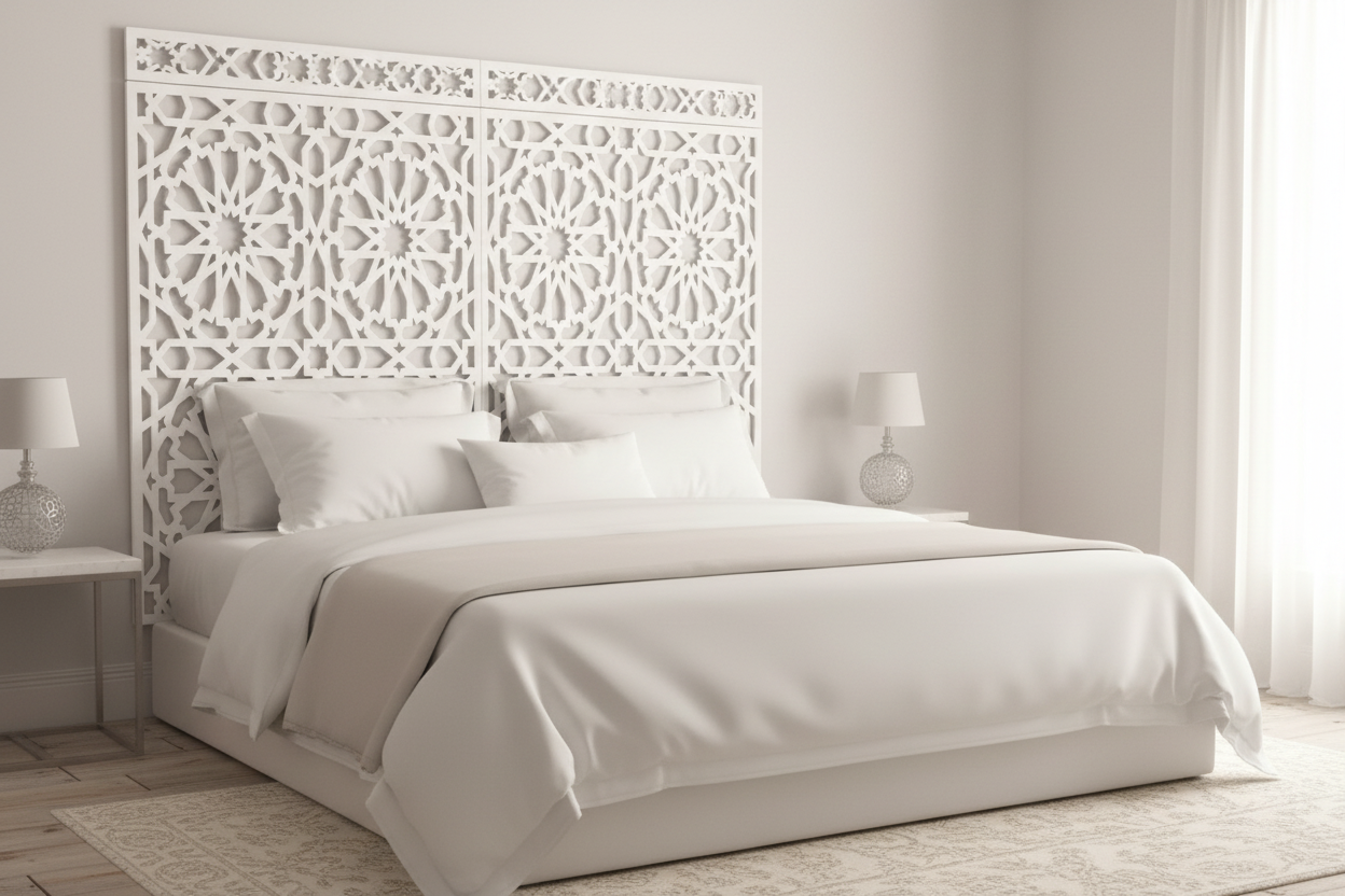 Cabecero Alhambra instalado sobre cama king size en dormitorio andaluz de lujo