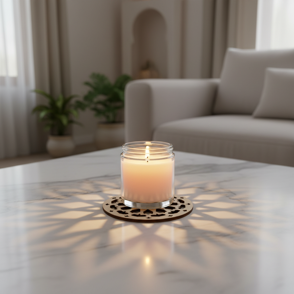 Celosía Tāj como base decorativa para vela con luz filtrándose por el calado geométrico