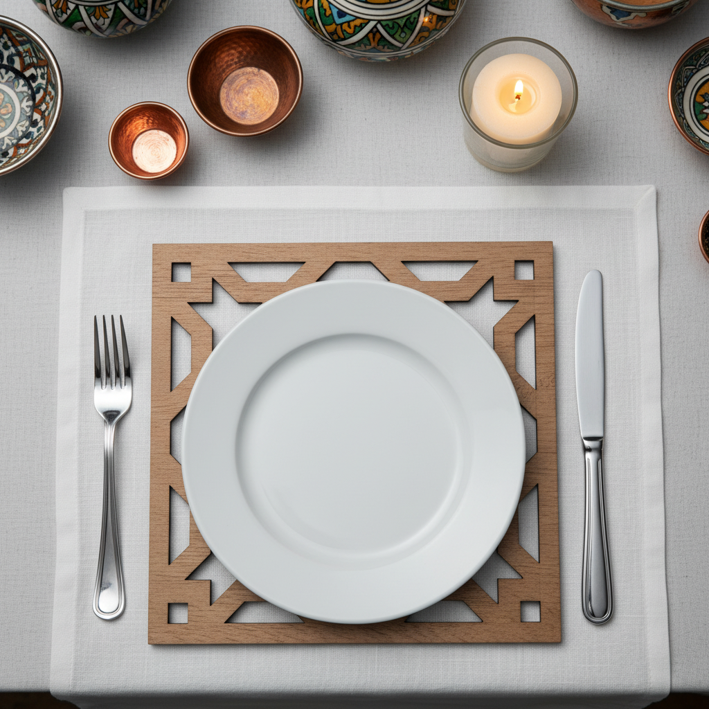 Celosía Murabba como salvamanteles decorativo bajo plato blanco en mesa de comedor andaluza