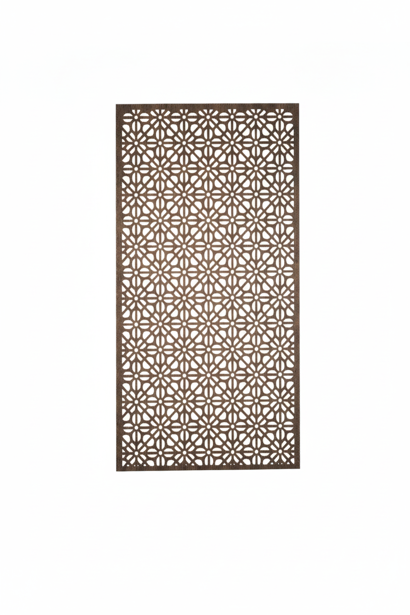 Celosía Bahar 60x30 cm sola sobre fondo blanco en acabado caoba mostrando patrón floral de 8 pétalos entrelazados