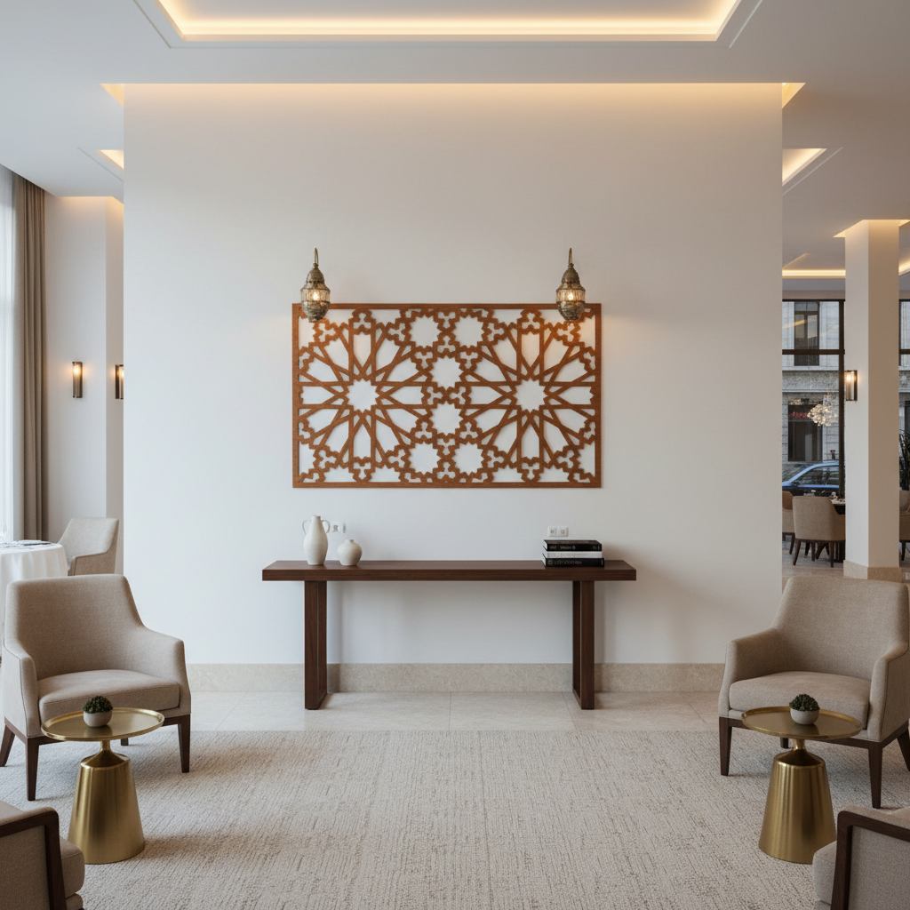 Celosía árabe gigante Palacio Nazarí madera cerezo en pared de restaurante