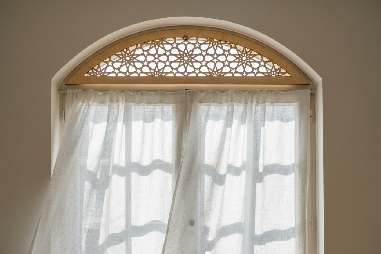Celosía Qubba como cristal pasaluz en ventana de villa mediterránea con luz solar