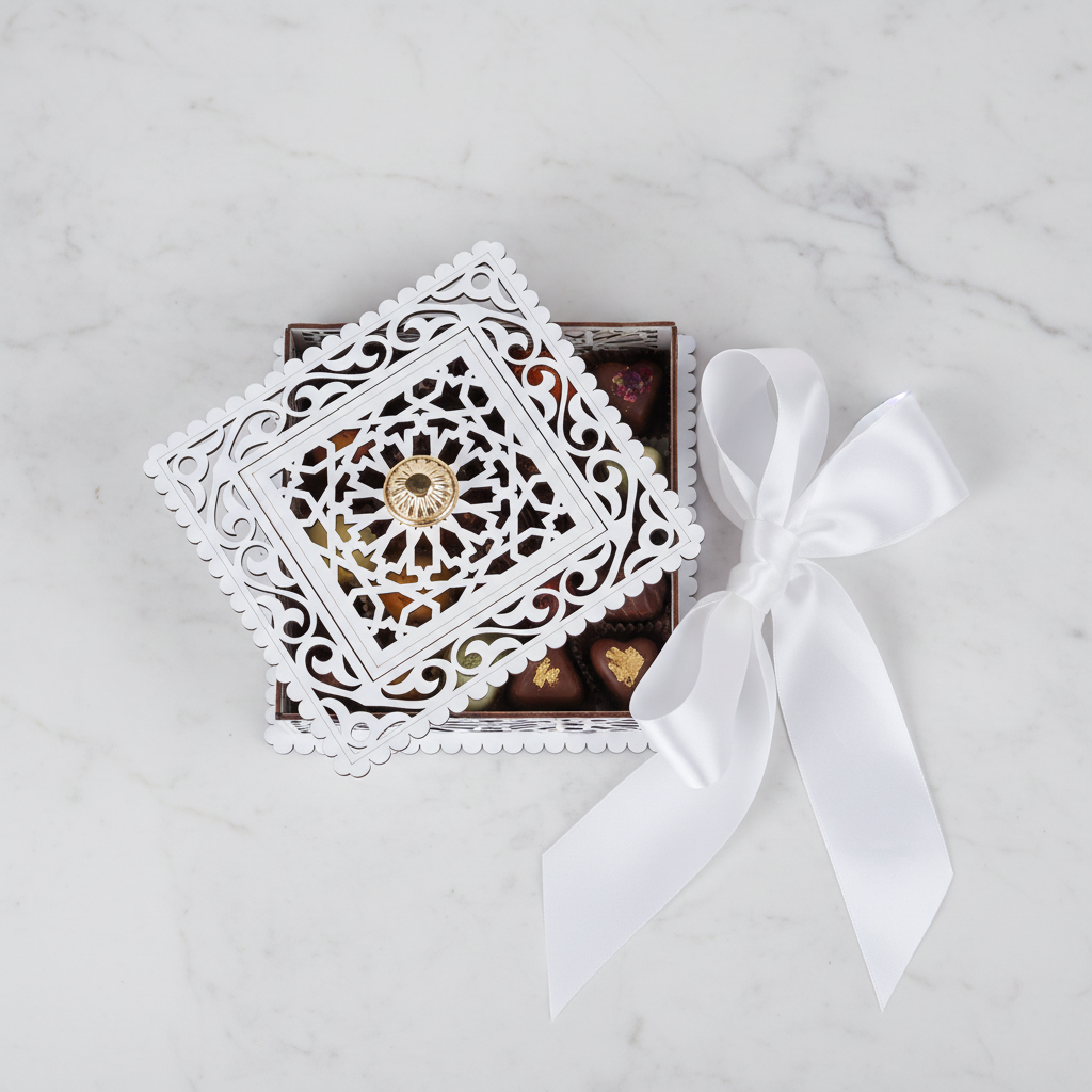 Cofre Sunduk como bombonera de boda rellena de chocolates artesanos con lazo de satén blanco sobre mármol