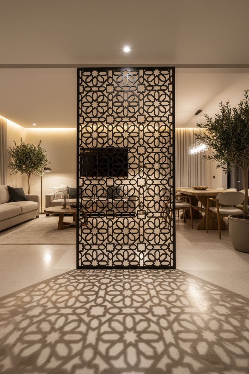 Celosía Warda negra como separador de ambientes entre salón y comedor en espacio mediterráneo moderno