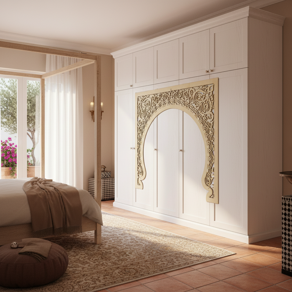 Arco Bab aplicado como decoración sobre puerta de armario blanco en dormitorio andaluz