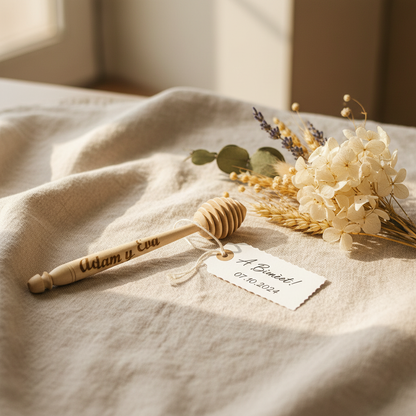 Palito mielero personalizado como regalo de boda sobre lino con flores secas