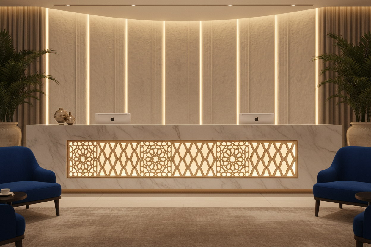 Celosía Samira en panel frontal de recepción hotel boutique