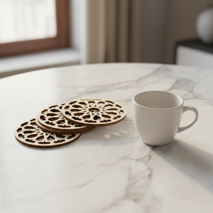 Pack de 4 Posavasos Gharnāta sobre mármol con taza de café cerámica