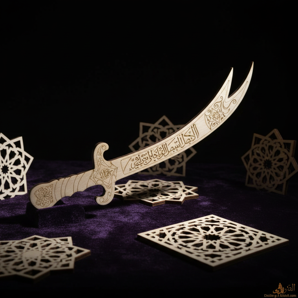 Mini espada árabe decorativa madera corte láser sobre terciopelo oscuro