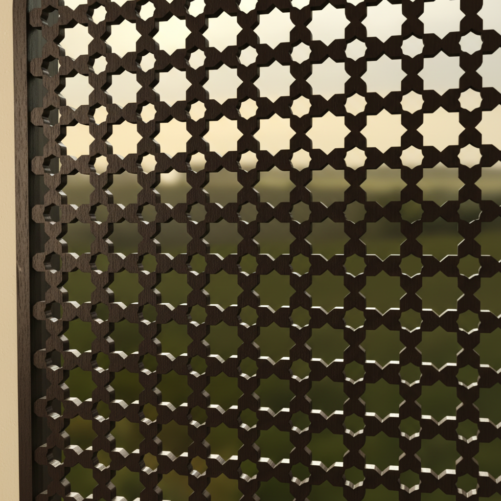 Detalle del patrón de estrellas y flores octogonales de la Celosía Tāqa en madera wengüé 10 mm