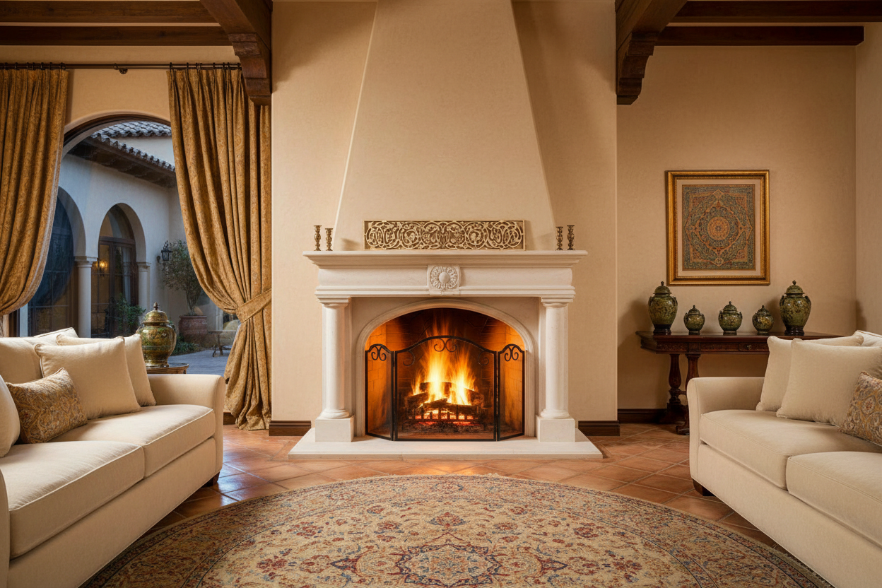 Celosía Allablab como friso decorativo sobre chimenea en salón andaluz