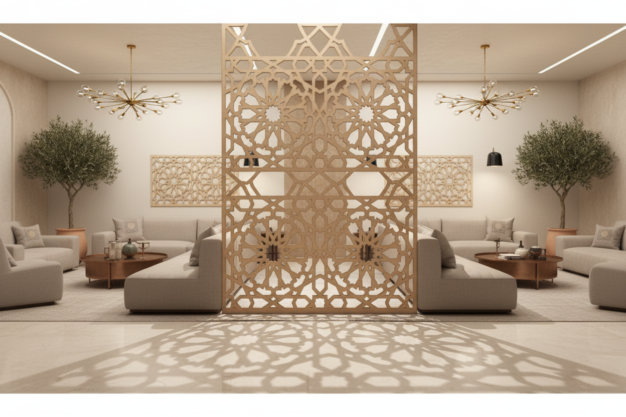 Celosía Naseem como separador de ambientes en lobby de hotel boutique con juego de luces y sombras