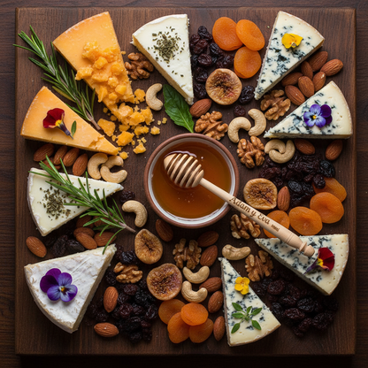 Palito mielero artesanal sobre tabla gourmet de quesos y frutos secos