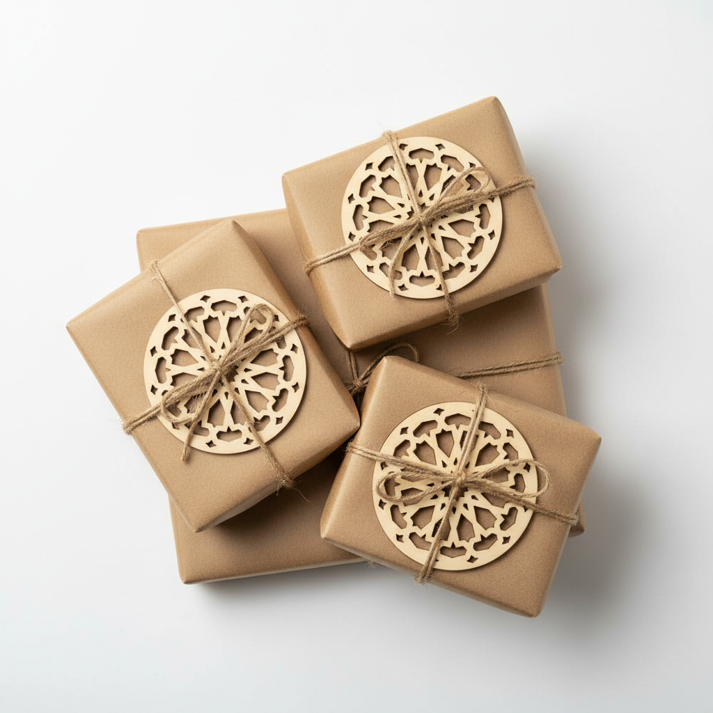 Tres posavasos Qamar como etiquetas decorativas en regalos envueltos en papel kraft