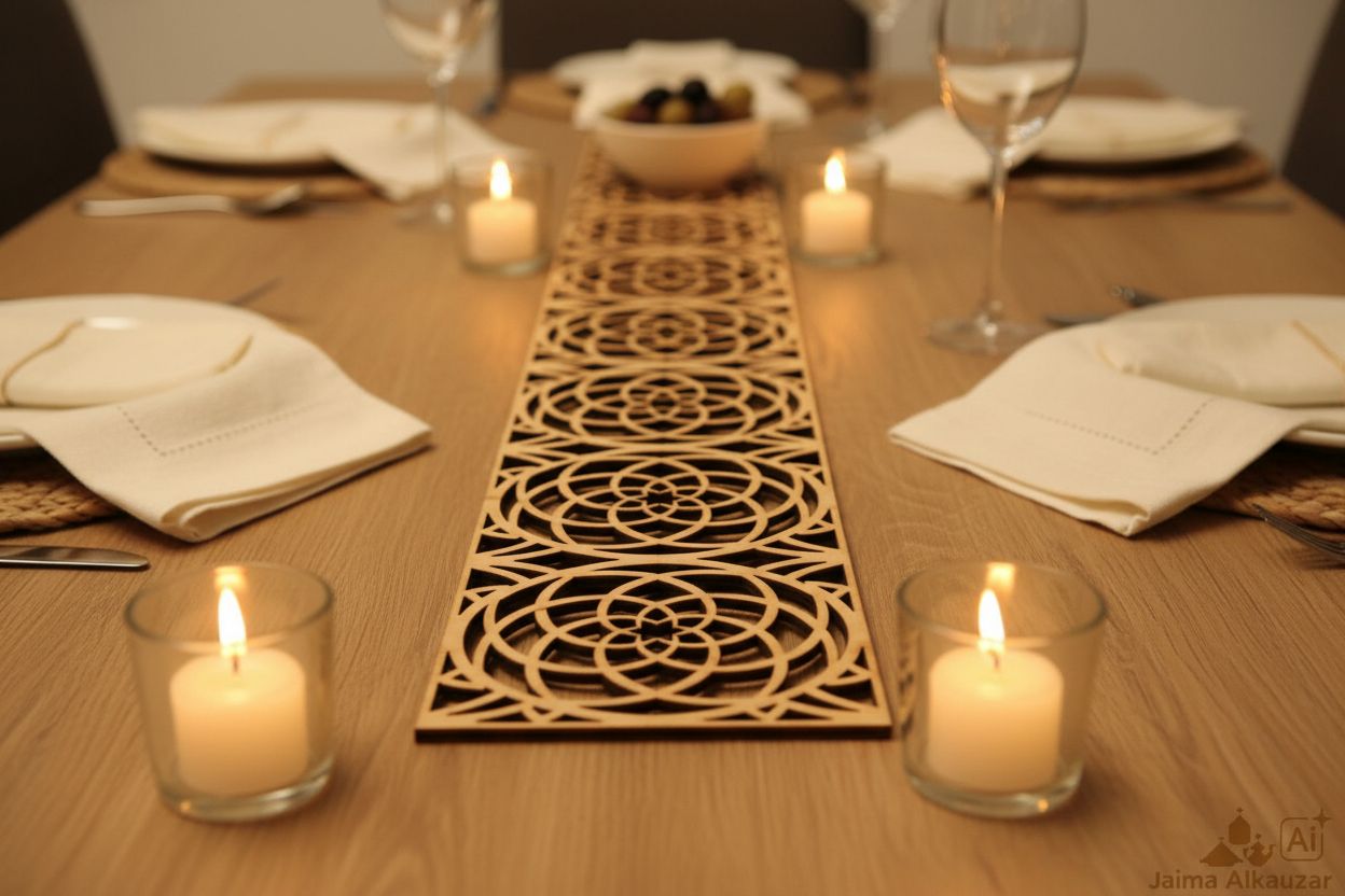 Celosía Zahra como camino de mesa decorativo con velas y lino en mesa mediterránea