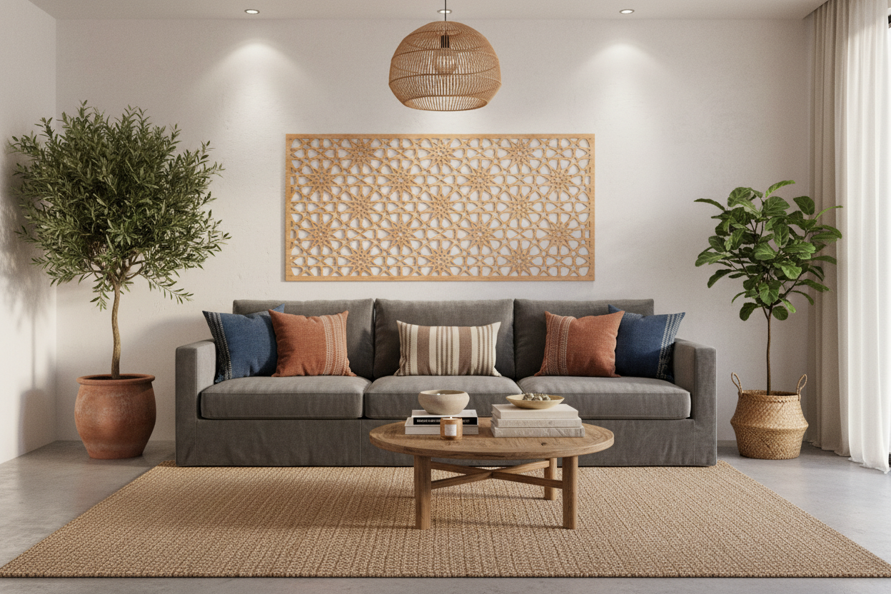 Celosía Mekness como cuadro decorativo sobre sofá gris en salón mediterráneo