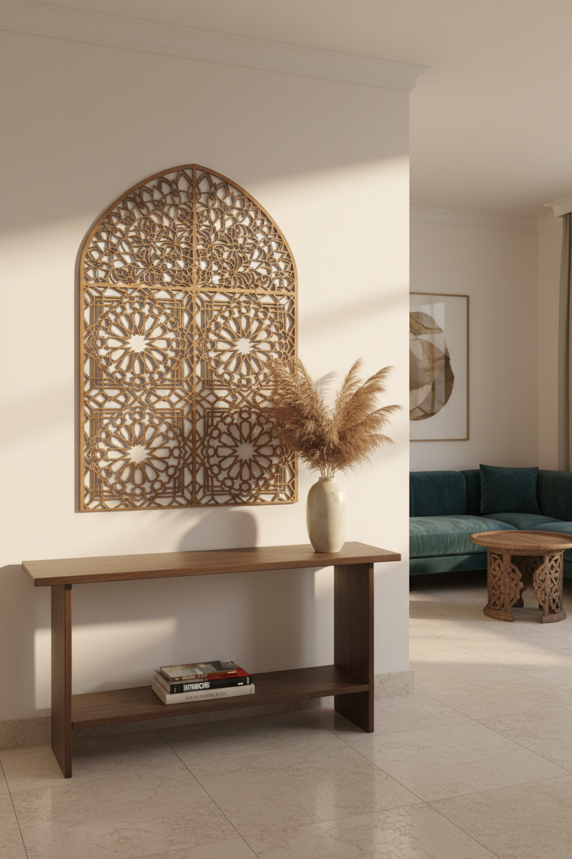 Celosía Bawwaba en salón andaluz de lujo sobre consola con pampa y cerámica, proyectando sombras decorativas en pared blanca