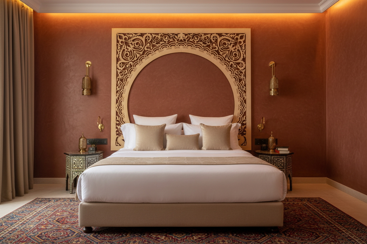 Celosía Bāb usada como cabecero arquitectónico en dormitorio de hotel boutique andalusí