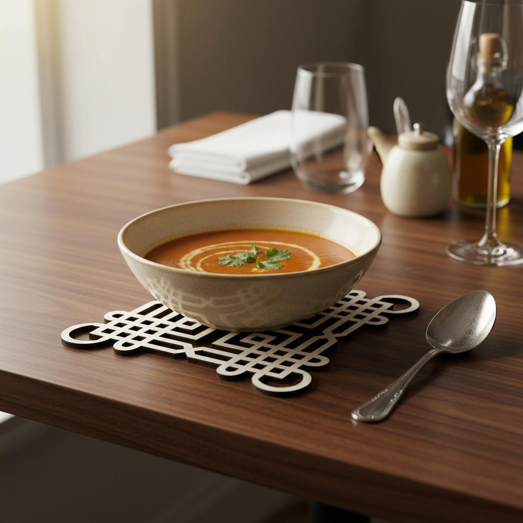 Celosía Muhandis como salvamantel bajo bol cerámico en mesa de comedor premium