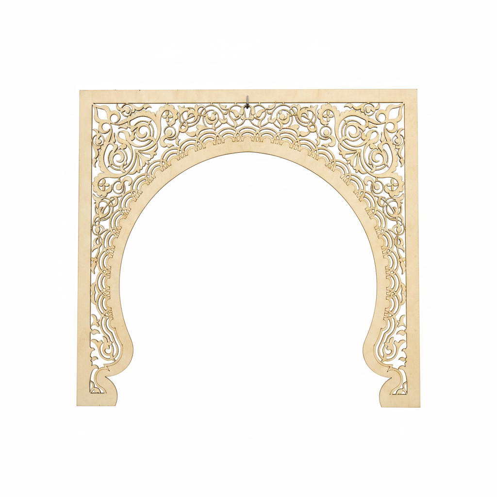 Arco decorativo Bab solo sobre fondo blanco mostrando arco de herradura nazarí calado con arabescos