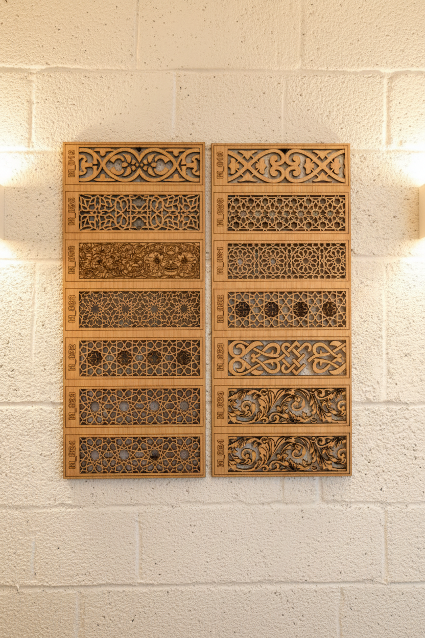 Colección Silsila de 6 cenefas árabes en madera natural expuestas verticalmente en pared blanca