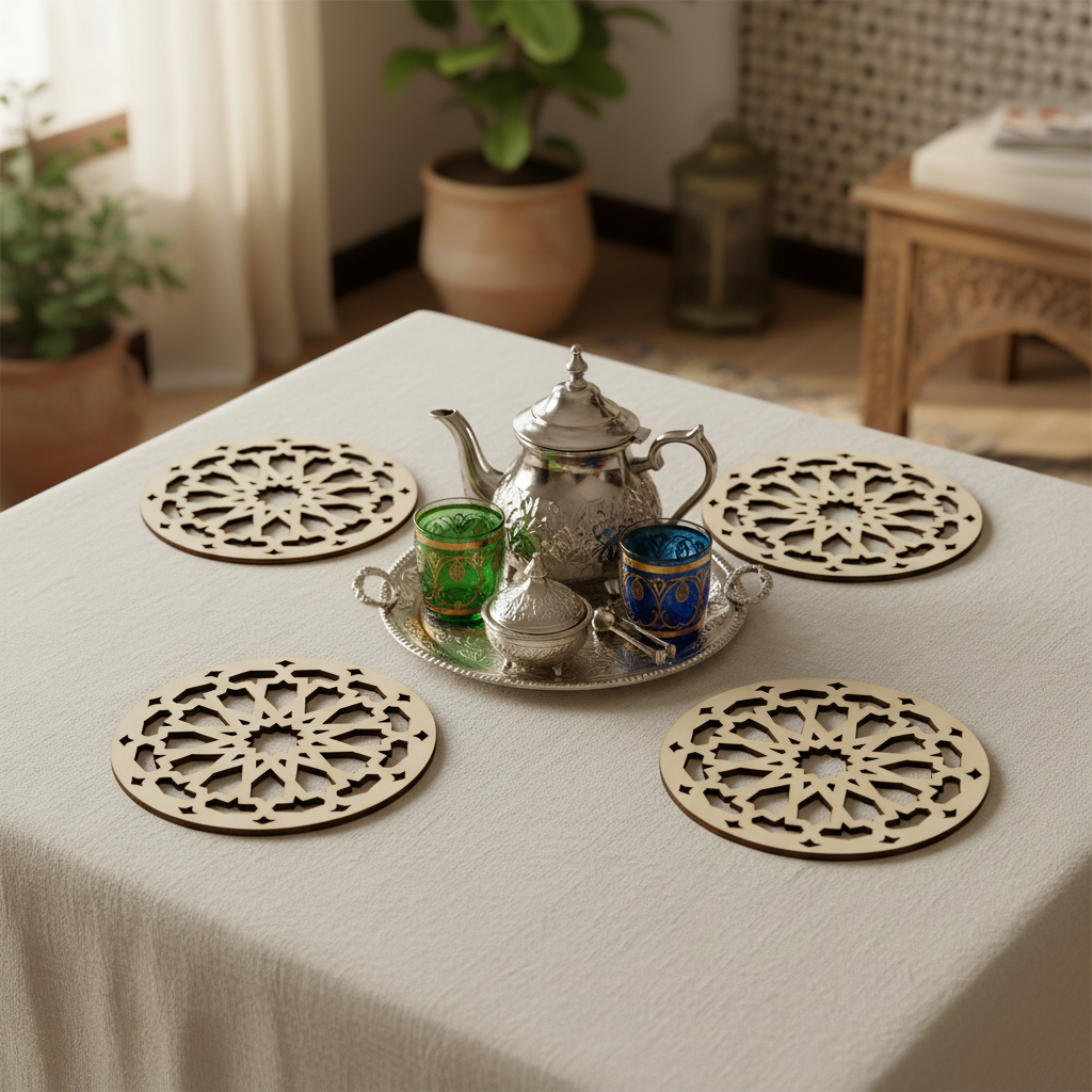 Set de cuatro Celosías Tāj como posavasos con servicio de té marroquí sobre mantel de lino