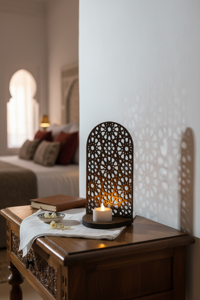 Celosía Mishkāt encendida proyectando sombras de estrellas en mesita de noche de hotel boutique