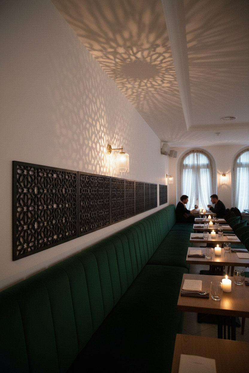 Celosía Warda negra como zócalo decorativo en banqueta de restaurante boutique andaluz con luz de velas