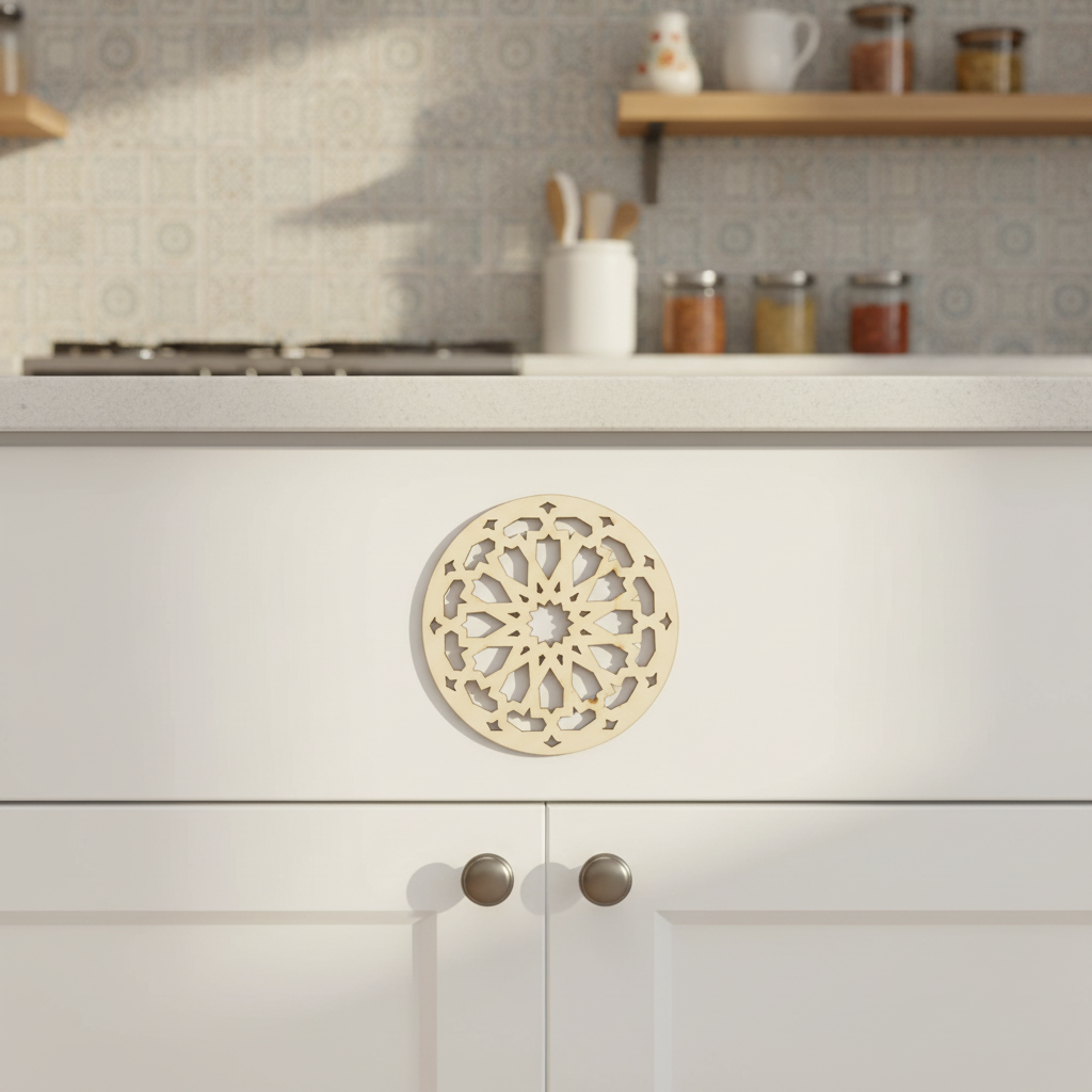 Posavasos Qamar aplicado como decoración en puerta de armario de cocina andaluza